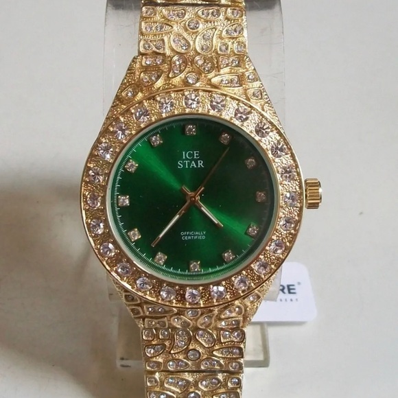Men's Ice Star Gold Finish Green Dial Nugget Style Bracelet Fashion Watch - Picture 1 of 5